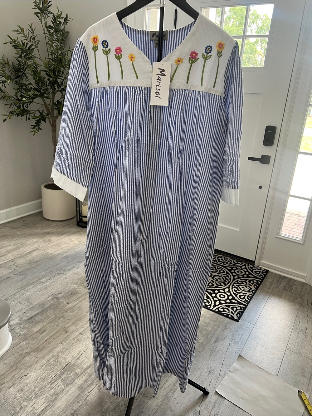 NEW Marisol Striped Maxi 100% Cotton House Dress w/Floral appliqué Sz 1X